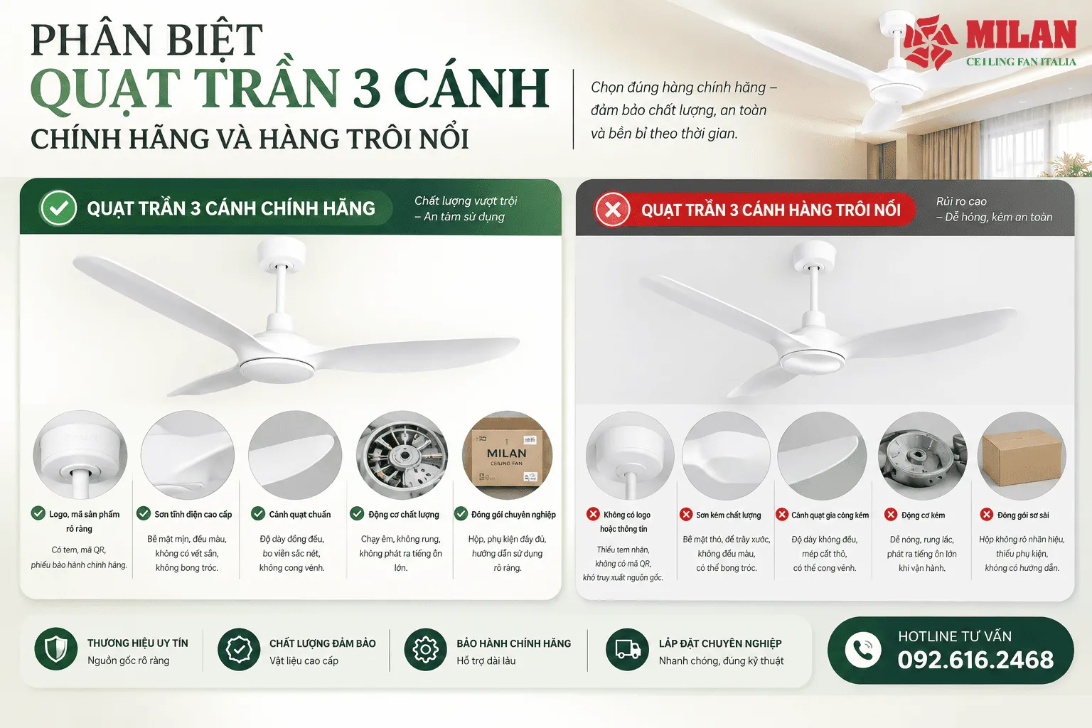 quạt trần 3 cánh chính hãng